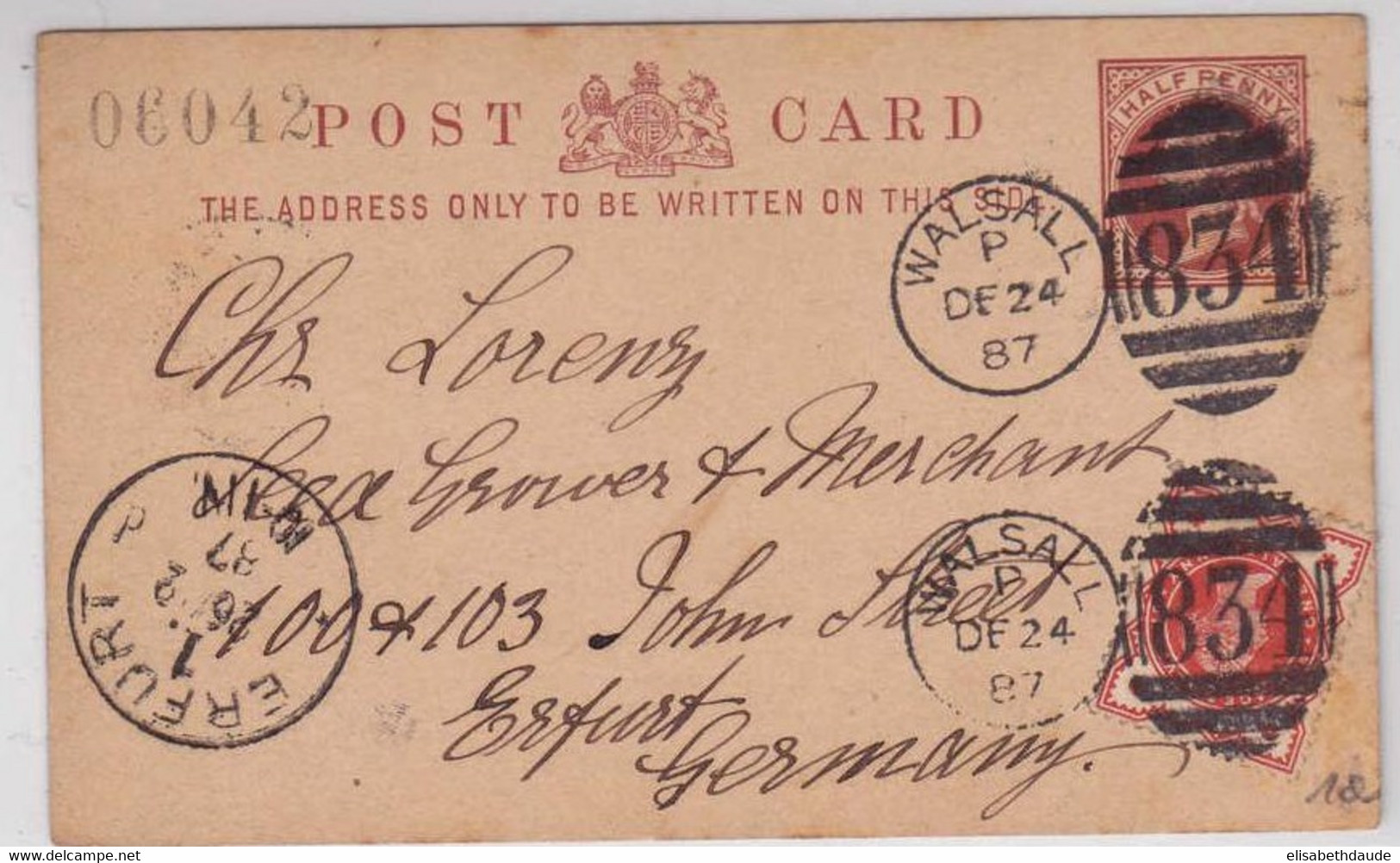 GB - 1887 - ENTIER CARTE POSTALE De WALSALL Pour ERFURT (GERMANY) - Storia Postale