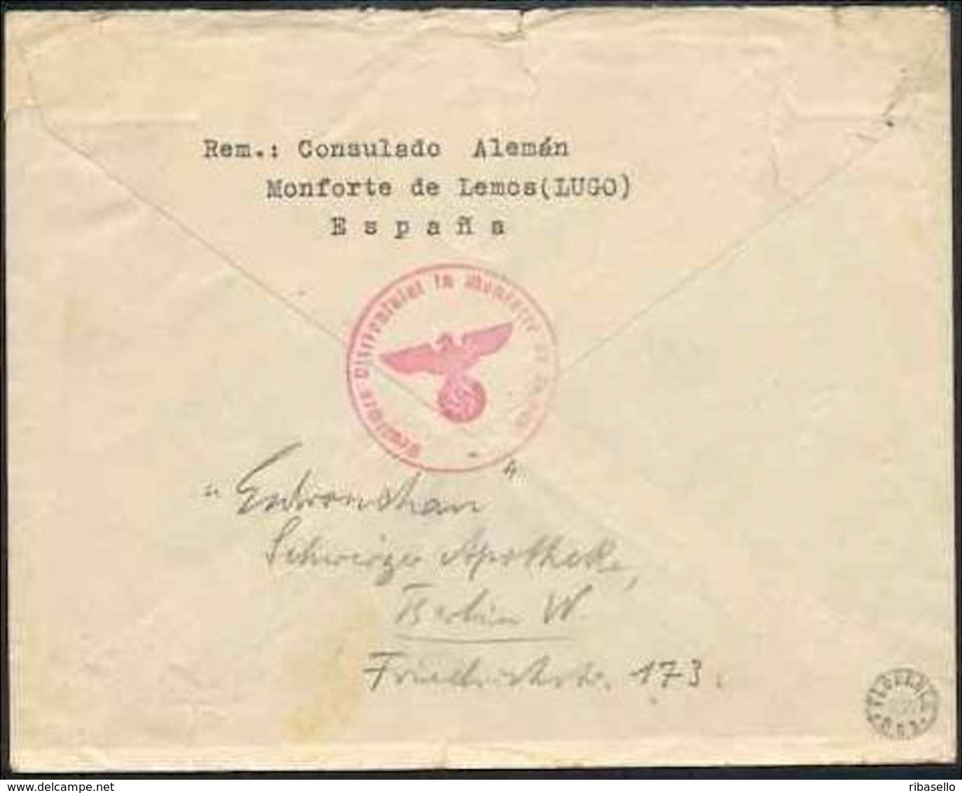 España 1939. Consulado Aleman Monforte De Lemos. Exenta Censura. Signed Florence. - Marcas De Censura Nacional