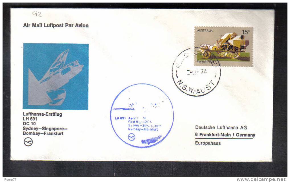 VOL92 - AUSTRALIA , 1mo Volo Sidney Frankfourt  Del 1974 - Storia Postale