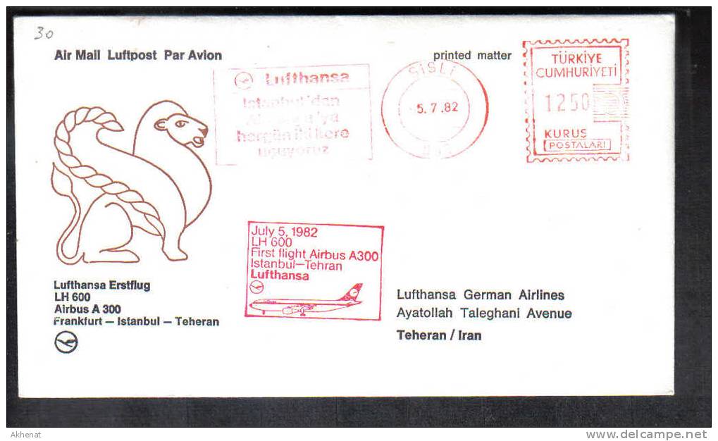 VOL30 - TURCHIA , LUFTHANSA 1° Volo Instanbul Teheran  5/7/1982.  Rossa - Covers & Documents