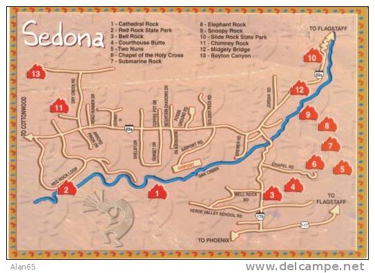 Sedona AZ Arizona Map Of Town On Modern Postcard - Sedona