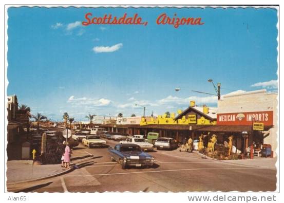 Scottsdale AZ Arizona, Brown Avenue Street Scene, Autos Cadillac, Business Signs On C1960s/70s Vintage Postcard - Scottsdale
