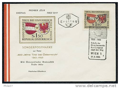 Austria - F.D.C. On The Occasion Of 600 Years Of Tirol In Austria 1363.-1963. Interesting Coat Of Arms Inprinten On Enve - Enveloppes