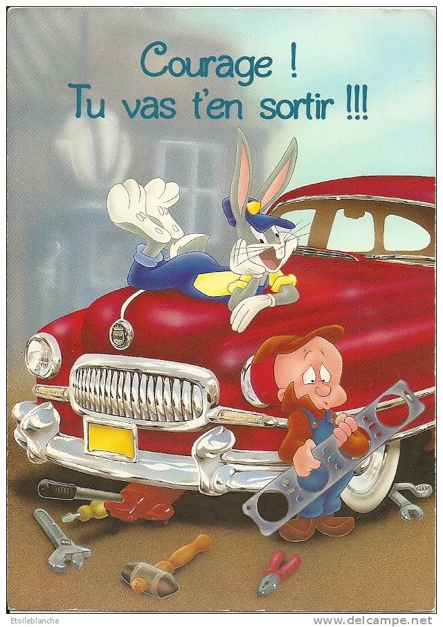 Carte Illustrée Lapin Bugs Bunny, Looney Tunes Warner Bros Cartoon 1997 - Courage !!! Voiture à Réparer, Outils - Bandes Dessinées
