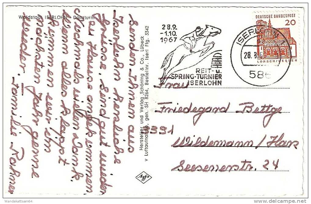 AK 82643342 Waldstadt  ISERLOHN Danzturm 28. 8.67 -  9 586 ISERLOHN 1 Sa Werbestempel 28.9.-1.10. 1967 REIT- U. SPRING-T - Iserlohn