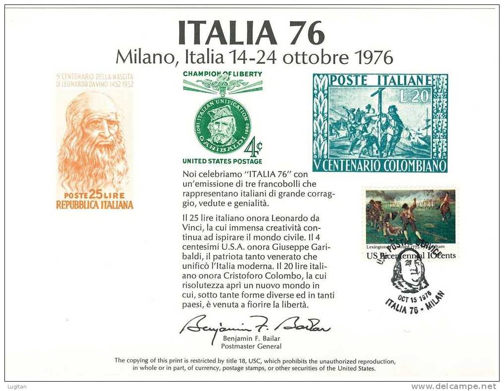 JOINT ISSUE  - FOLDER SERIE A RICORDO DI ITALIA 1976 - FORSE LA PRIMA EMISSIONE CONGIUNTA IN ASSOLUTO - ITALIA - USA - Presentation Packs