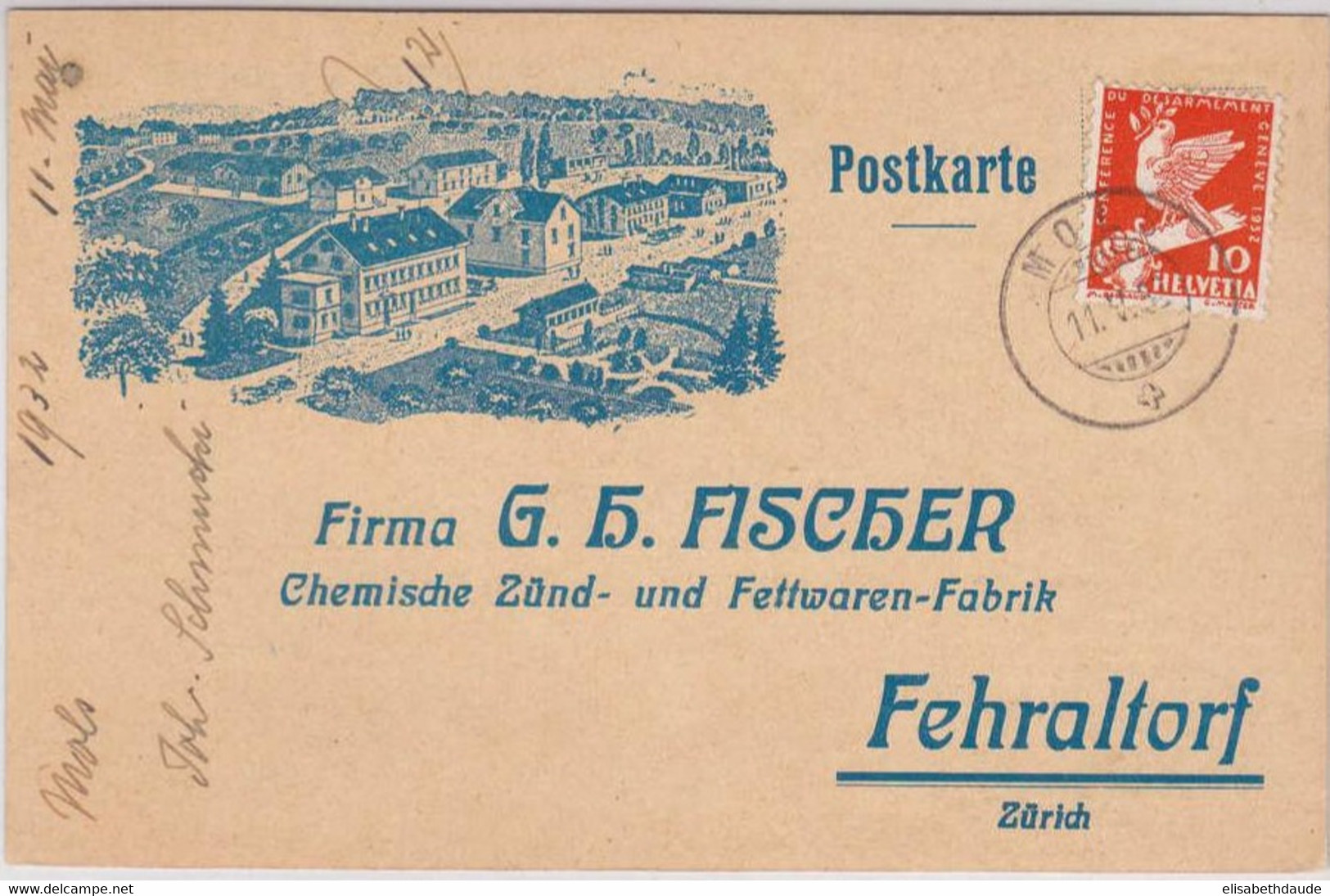 SUISSE - 1932 - ZNr. 186 SEUL Sur BELLE CARTE POSTALE PUBLICITAIRE ILLUSTREE De MOLS Pour FEHRALTORF - Covers & Documents