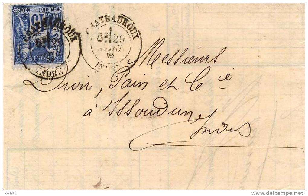 Lettre De Chateauroux à Issoudun  1881 - 1898-1900 Sage (Type III)