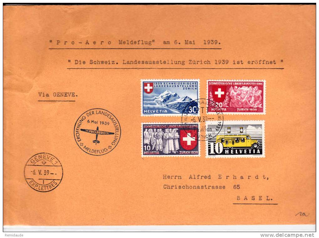 SUISSE - 1939 - LETTRE Du VOL SPECIAL "PRO AERO OUVERTURE De L´EXPO NATIONALE" - ZÜRICH à GENEVE - Eerste Vluchten
