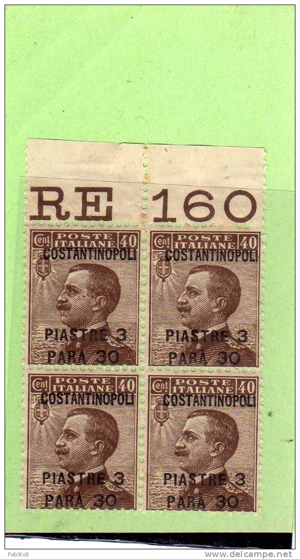 LEVANTE COSTANTINOPOLI 1923 SOPRASTAMPATO D'ITALIA ITALY OVERPRINTED 3,30 SU CENT. 40 C QUARTINA BLOCK MNH - Bureaux D'Europe & D'Asie