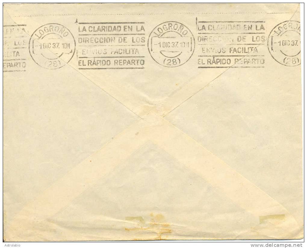 España 1937 " Carta De Ayamonte A Logroño "  Censura Y Sello Local - Marques De Censures Nationalistes