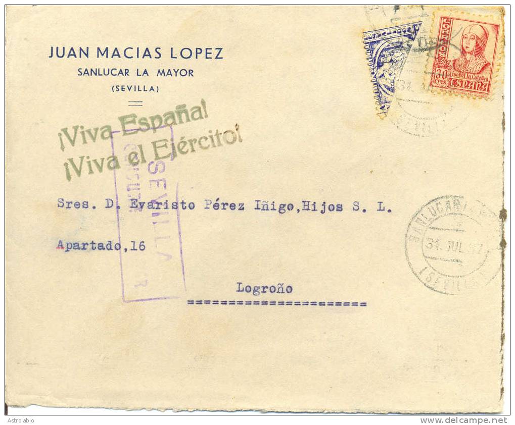 España 1937 " Carta De Sanlucar La Mayor (Sevilla) A Logroño "  Censura Y Sello Local Bisectado. Ver 2 Scan - Marcas De Censura Nacional