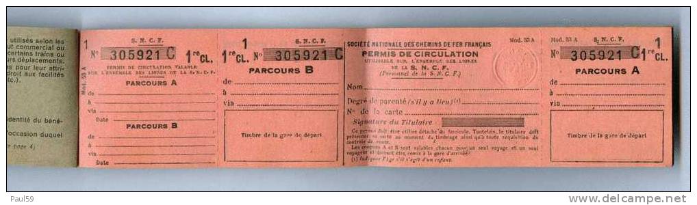 SNCF FASCICULE DE PERMIS  CARNET DE 1ERE CLASSE DE 1953 - Europe