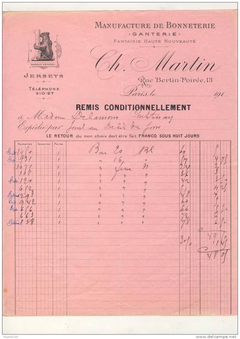 Facture Illustrée ( Ours / Jerseys ) Manufacture De Bonneterie Ganterie MARTIN Rue Bertin Poirée à Paris ( Recto Verso ) - 1900 – 1949