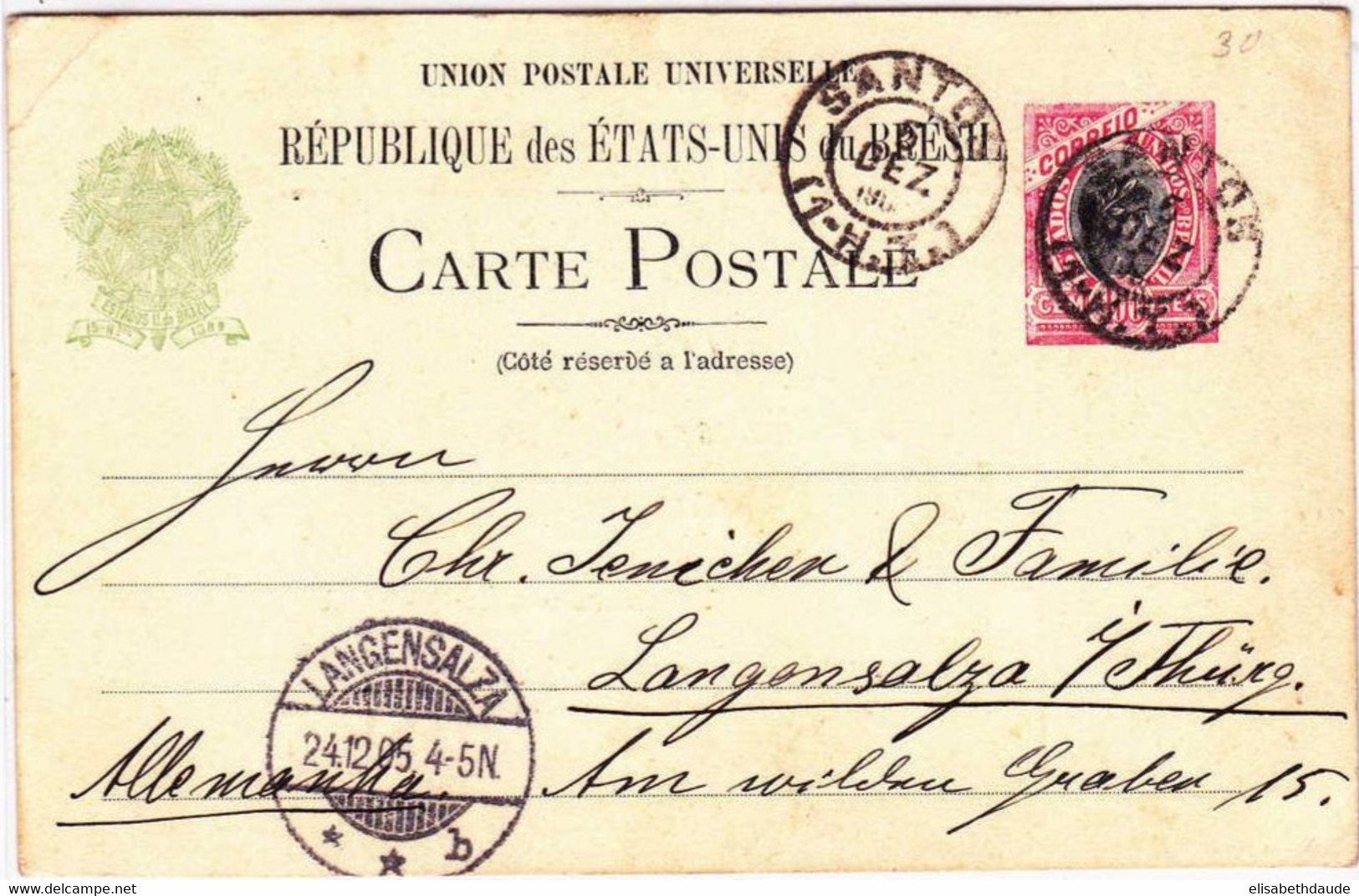 BRAZIL - 1905 - ENTIER CARTE POSTALE Avec REPIQUAGE PRIVE De SANTOS Pour LANGENSALZA (GERMANY) - Entiers Postaux