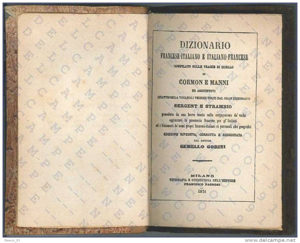 DIZIONARIO ITALIANO - FRANCESE - Autore: CORMON E MANNI - Editore: FRANCESCO PAGNONI MILANO - 1874 - Wörterbücher