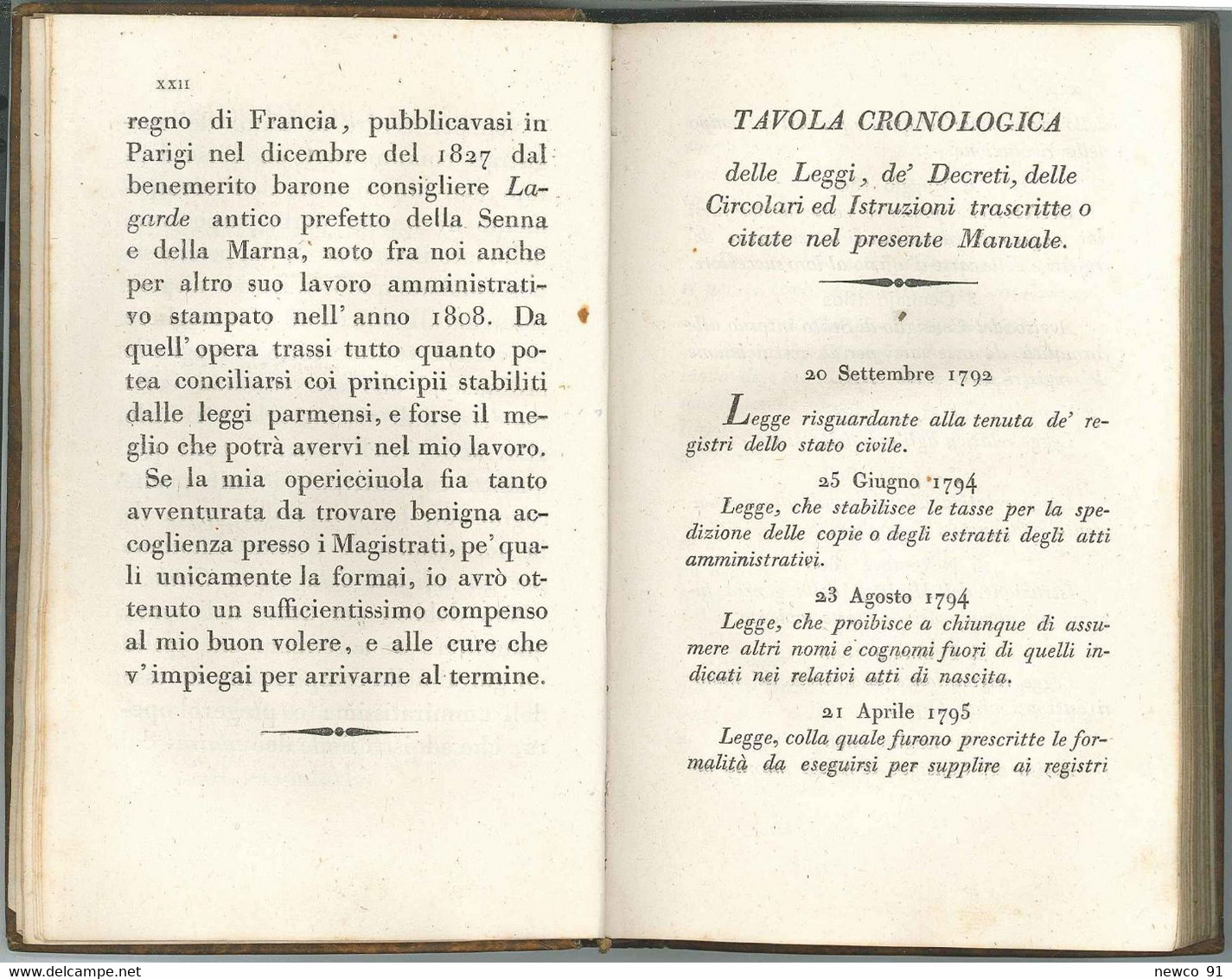 1835 - MANUALE PER GLI UFFIZIALI DELLO STATO CIVILE DEI DUCATI DI PARMA; PIACENZA E GUASTALLA - AUTORE: GIUSEPPE VIGNOLI