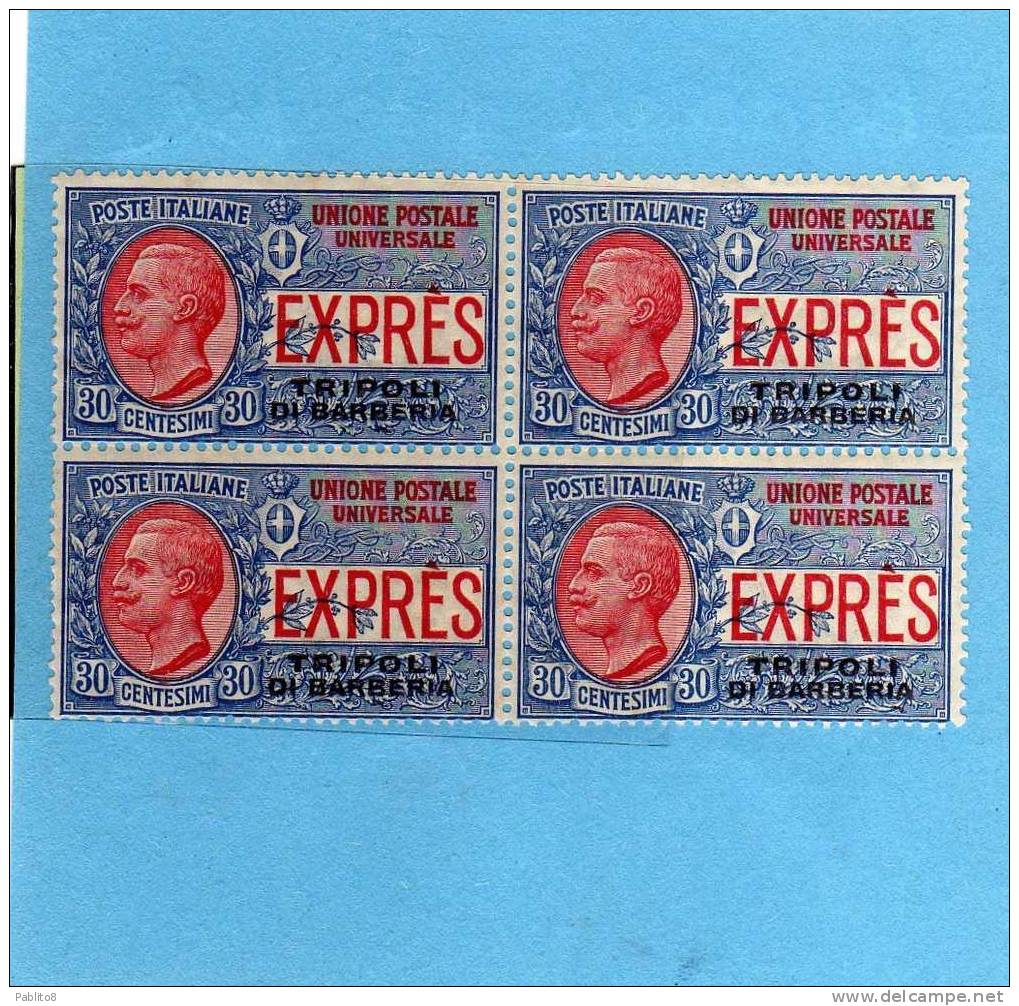 TRIPOLI DI BARBERIA 1909 ESPRESSO SPECIAL DELIVERY CENT. 30 C QUARTINA BLOCK MNH - European And Asian Offices