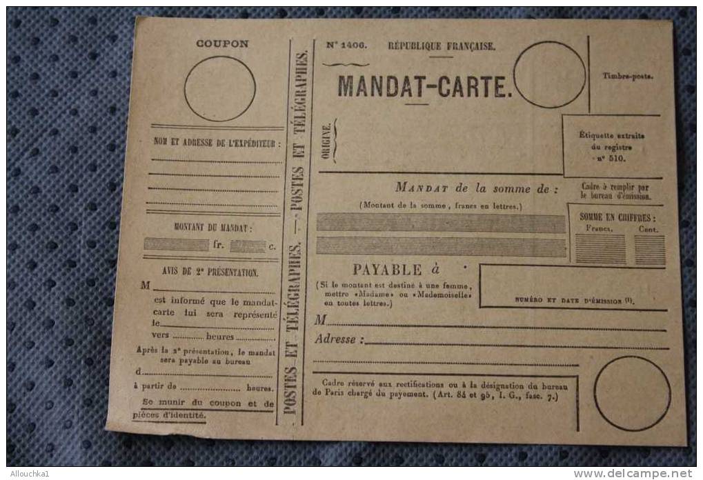 DOCUMENT DE LA POSTE FRANCAISE > MANDAT CARTE NÂ° 1406 > VIERGE NON Utilisé - Documents De La Poste
