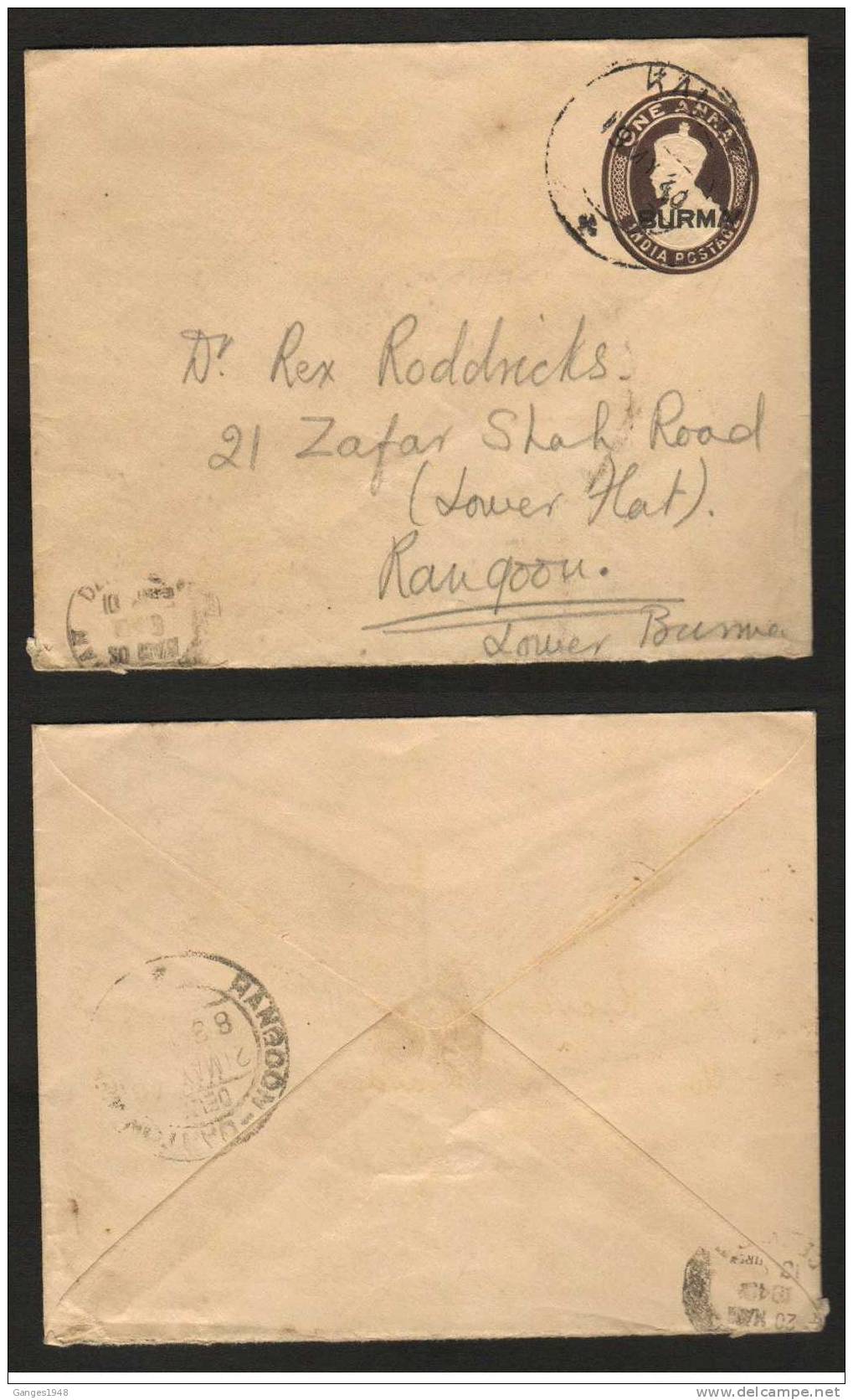 Burma O/p On  India KG VI  1A  PS Envelope  1940 Kalewa To Rangoon # 14746 - Myanmar (Burma 1948-...)