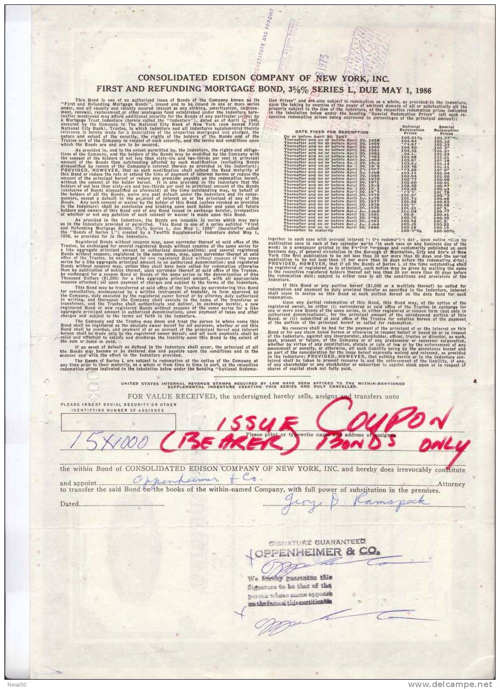 Comsolidated Edison Company Of New York 1-5-1986  3 5/8 %   5.000 $ - D - F