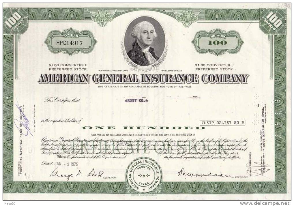 American General Insurance Company, 9-1-1975  100 Shares - G - I