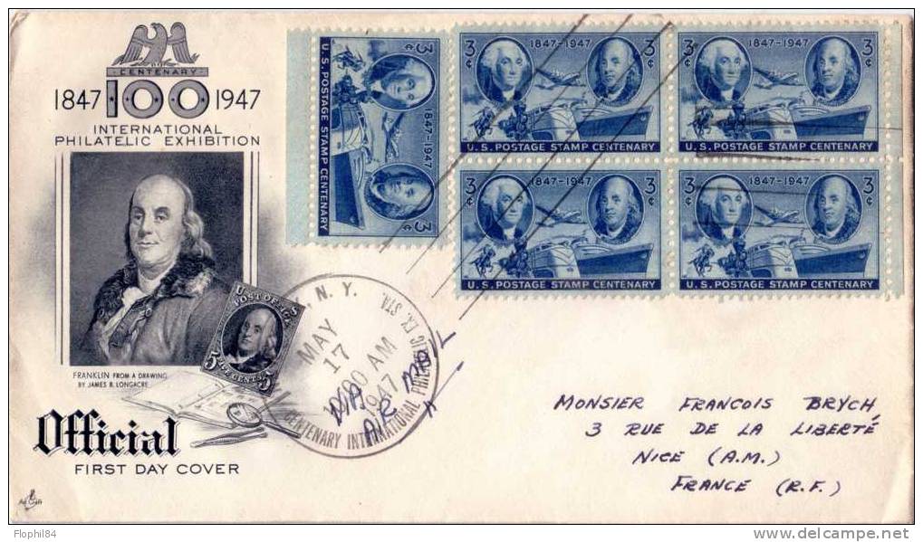 CENTENARY INTERNATIONAL PHILATELIC EXHIBITION-FIRST DAY COVER 17-5-1947 - BLOC DE 4 SUR LETTRE. - 1941-1950