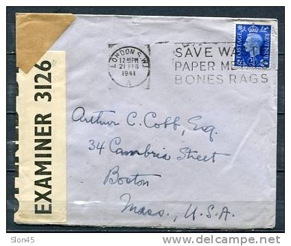 Great Britain 1941 Cover Sent To USA Censored - Fiscaux