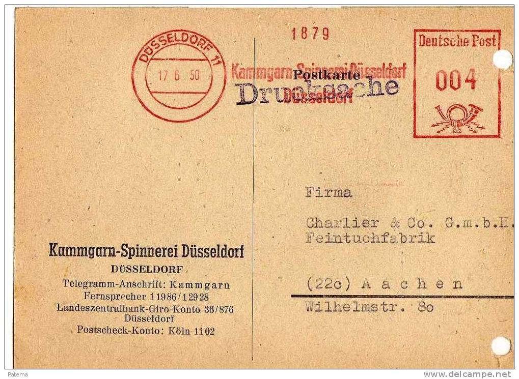 Tarjeta, DOSSELDORF 1950, Alemania, Kammgarn-pinnerei - Briefe U. Dokumente