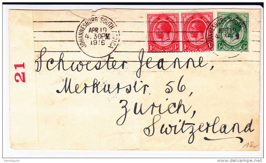 SOUTH AFRICA - 1916 - LETTRE Avec CENSURE De JOHANNESBURG Pour ZÜRICH (SUISSE) - Lettres & Documents