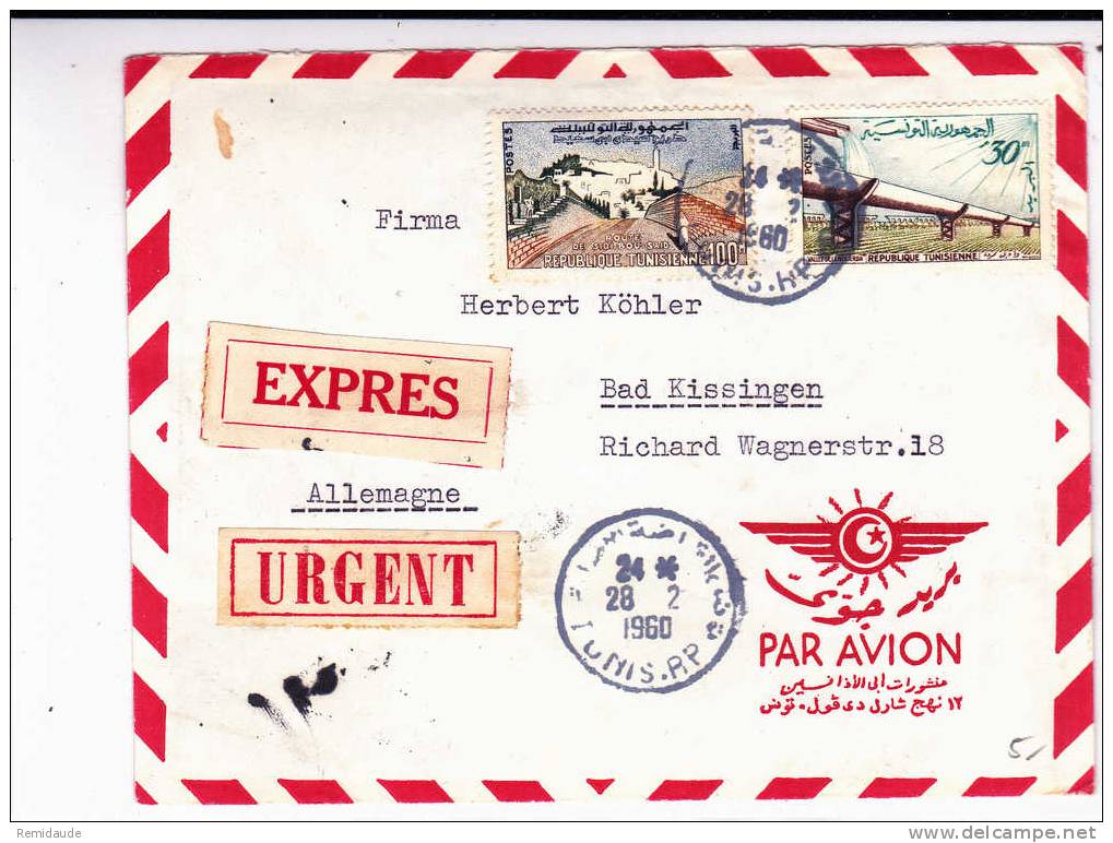 TUNISIE - 1960 - LETTRE Par AVION EXPRES De TUNIS Pour BAD KISSINGEN (ALLEMAGNE) - Tunisie (1956-...)