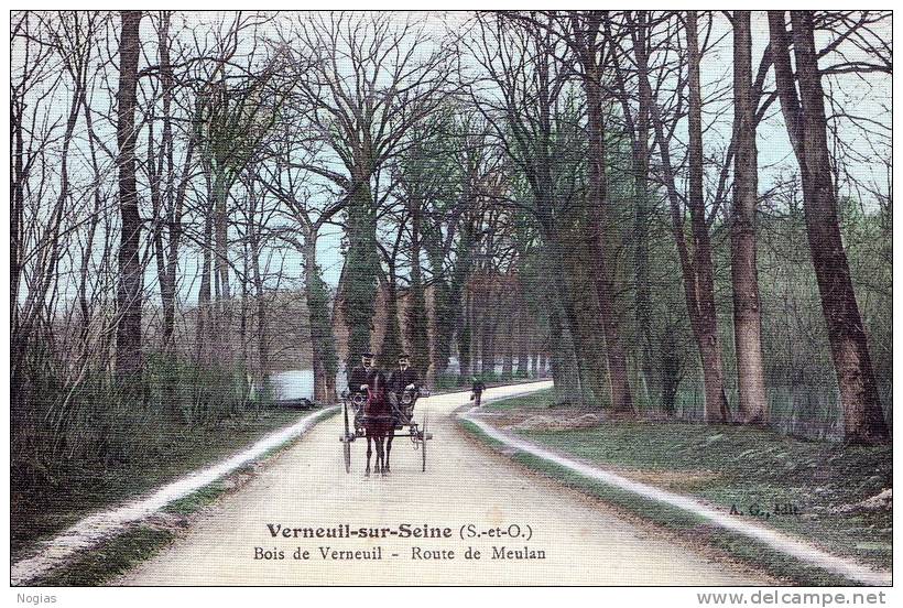 VERNEUIL SUR SEINE - LE BOIS DE VERNEUIL -  LA ROUTE DE MEULAN - SUPERBE CARTE COLORISEE, TOILEE, ANIMEE AVEC UN BEL ATT - Verneuil Sur Seine