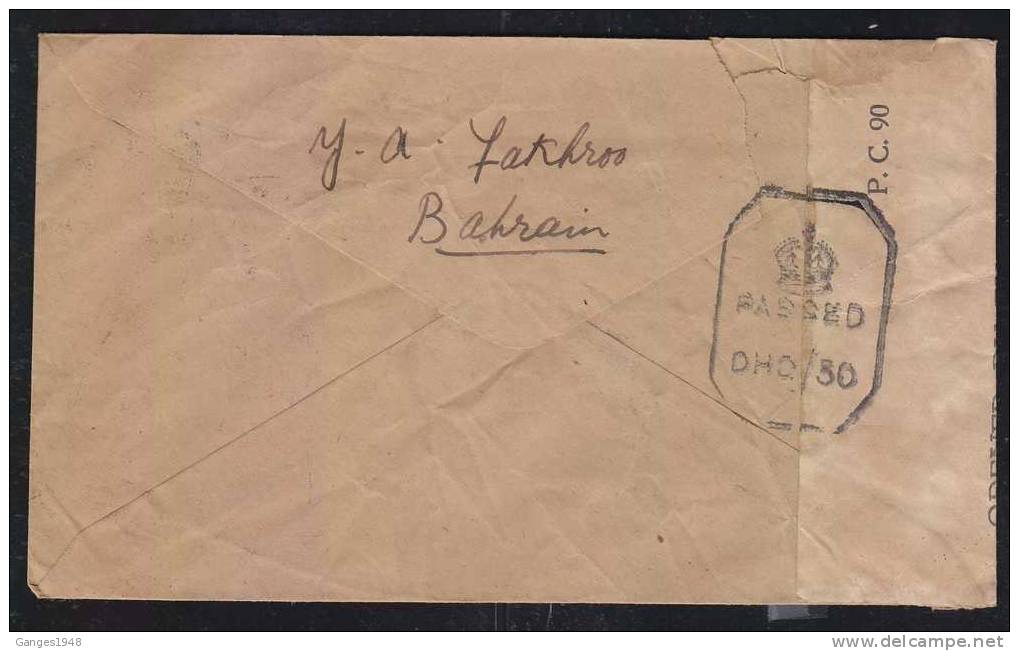 Bahrain  1943   2A6P  Rate Air Mail Cover To India Arrival Censor # 22809 - Bahrain (1965-...)