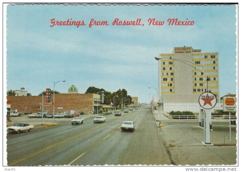 Roswell NM New Mexico, Street Scene, Autos, Texaco Gas Station, On C1960s/70s Vintage Postcard - Roswell