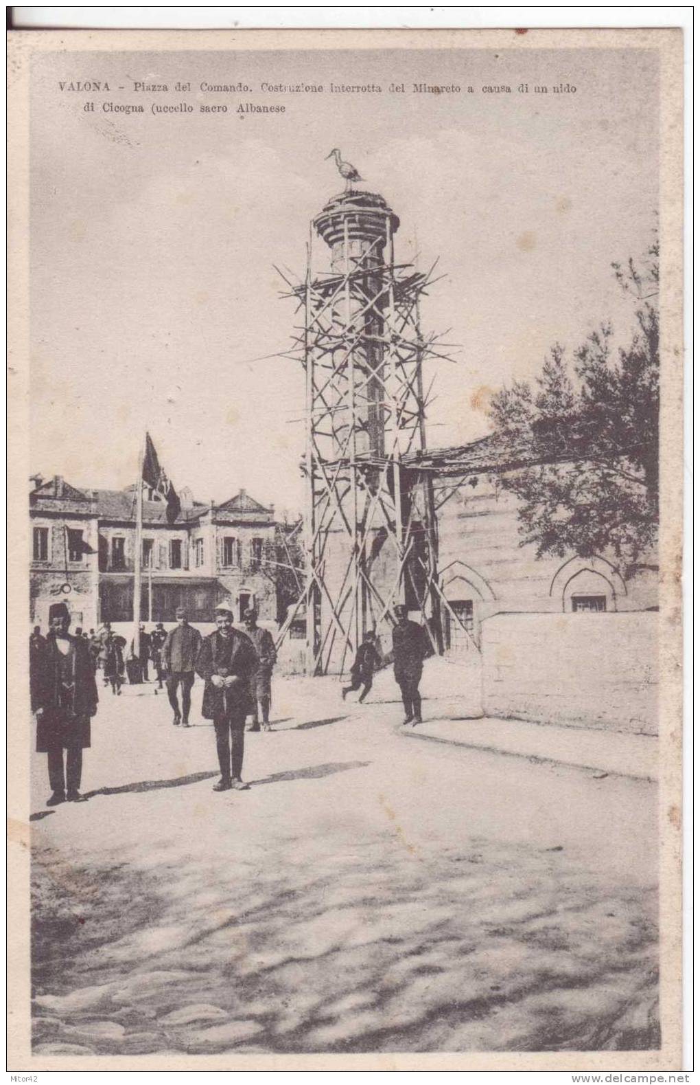 9-Albania-Ex Italia-Occupazione Valona-Piazza Del Comando. Costruzione Interrotta Del Minareto A Causa Nido Di Cicogna. - Albania