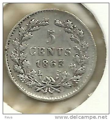 NETHERLANDS 5 CENTS WREATH FRONT WILLEM HEAD BACK 1863 AG SILVER VF KM91 READ DESCRIPTION CAREFULLY !!! - 1849-1890 : Willem III