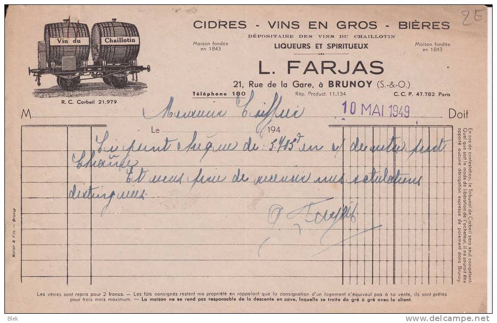 Factures : L. Farjas . Cidres , Vins En Gros , Bieres . 21 Rue De La Gare  A Brunoy . - Alimentaire