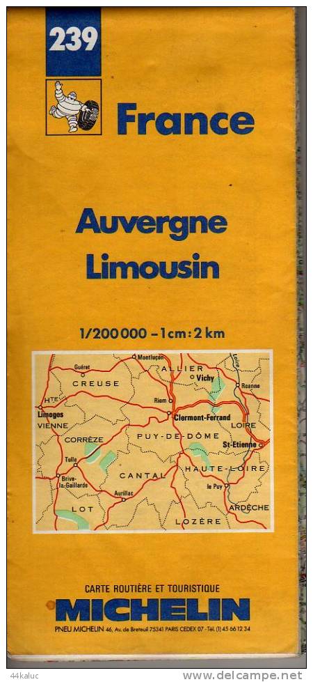 Carte MICHELIN  AUVERGNE LIMOUSIN N° 239   Datée 1988/1989 - Roadmaps