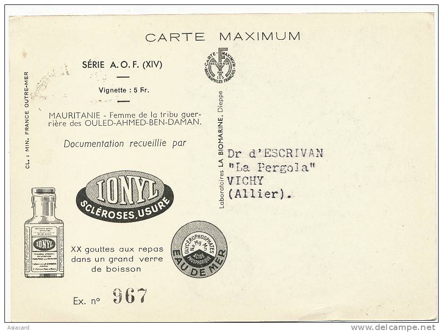 Carte Maximum Pub Ionyl Femme De La Tribu Guerriere Des Ouled Ahmed Ben Daman 1952 - Mauritania