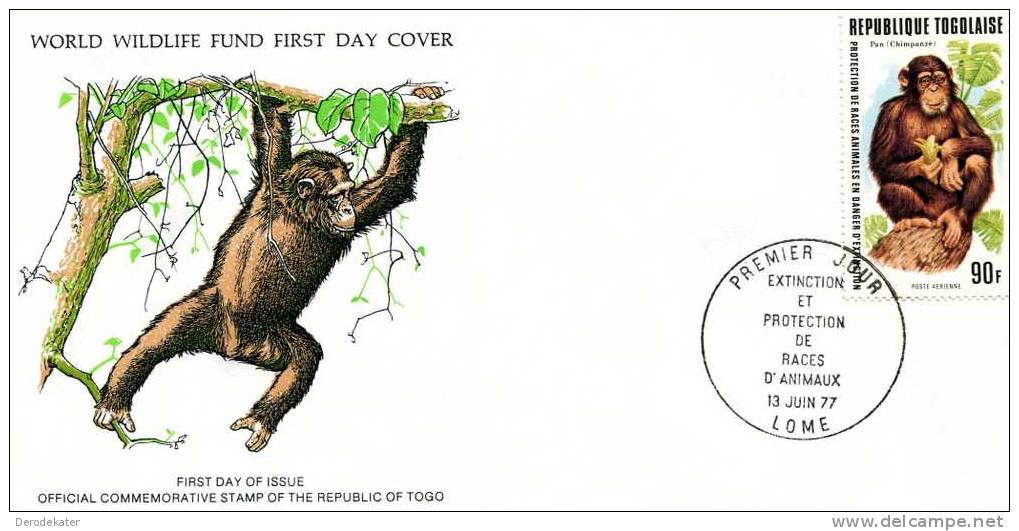 Republique Togolaise 1977. Togo 1977. Pan. Chimpanze. Common Chimpanzee. Afrikaanse Mensaap. Singe.FDC WWF. Fauna. Good! - Schimpansen