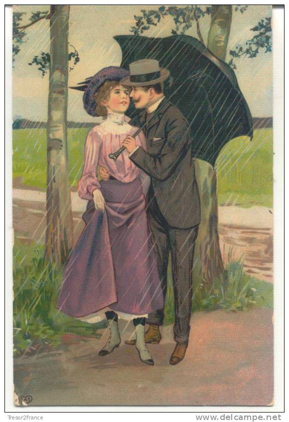 CPA Art Nouveau. Années 1920. Jeune Couple D'amoureux Abrités  Sous Un Parapluie, Bottines, Chapeau Plume - Paare