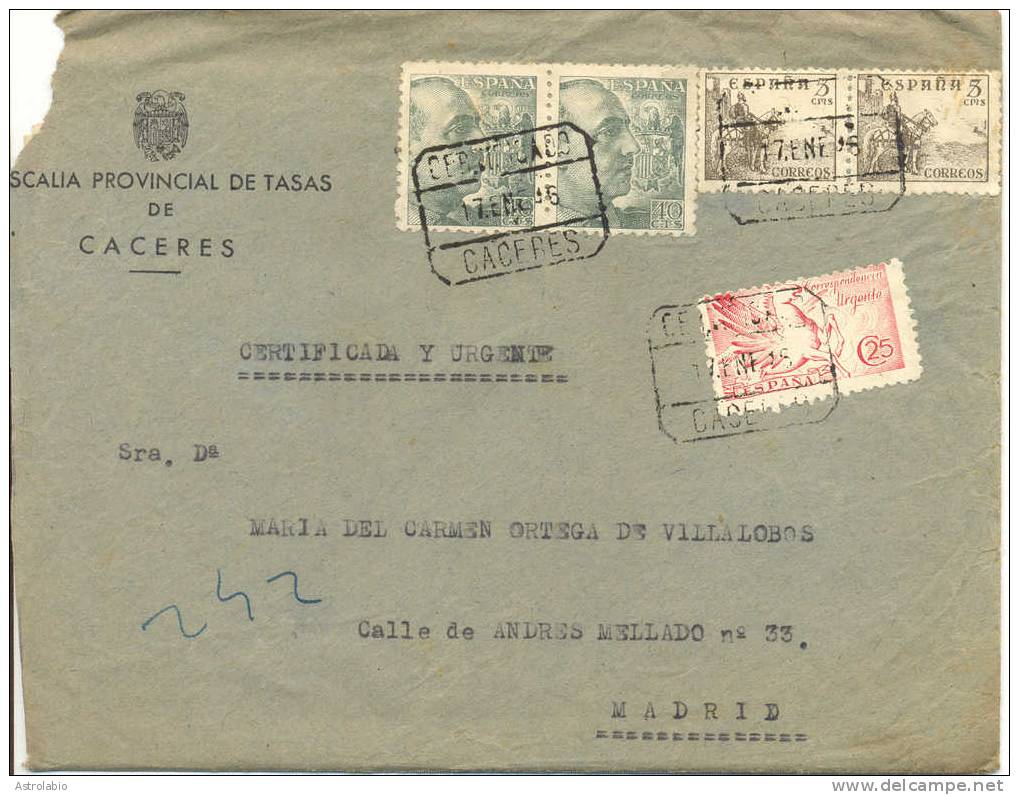 1946 " Certificado De Cáceres A Madrid " Con Sello Urgente " Pegaso ", Llegada. Conserva Texto. Ver 2 Scan - Correo Urgente