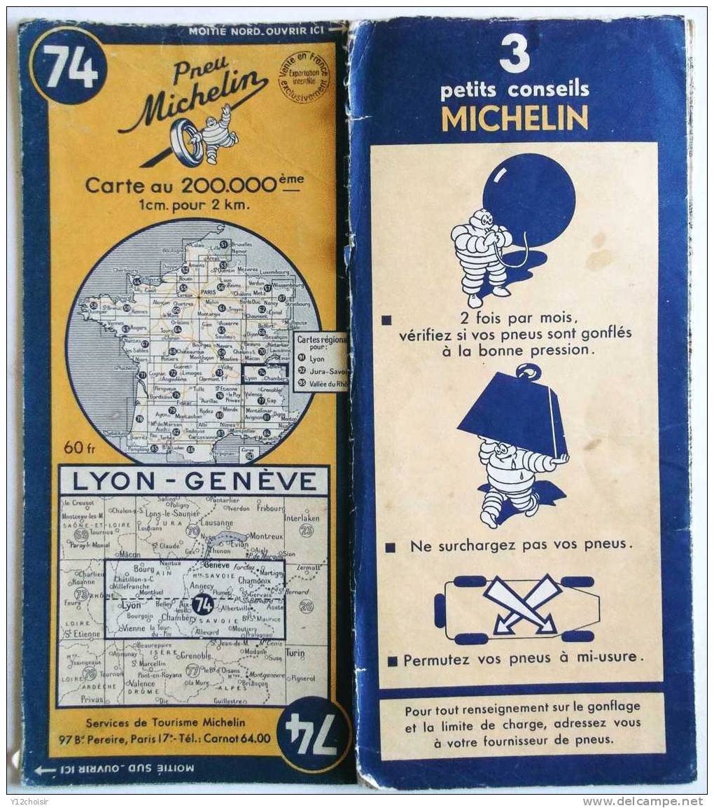 CARTE ROUTIERE1950 MICHELIN 74 LYON GENEVE BOURG NANTES MARTIGNY AOSTE CHAMONIX ALLEVARD PRALOGNAN VIENNE VILLEFRANCHE - Roadmaps