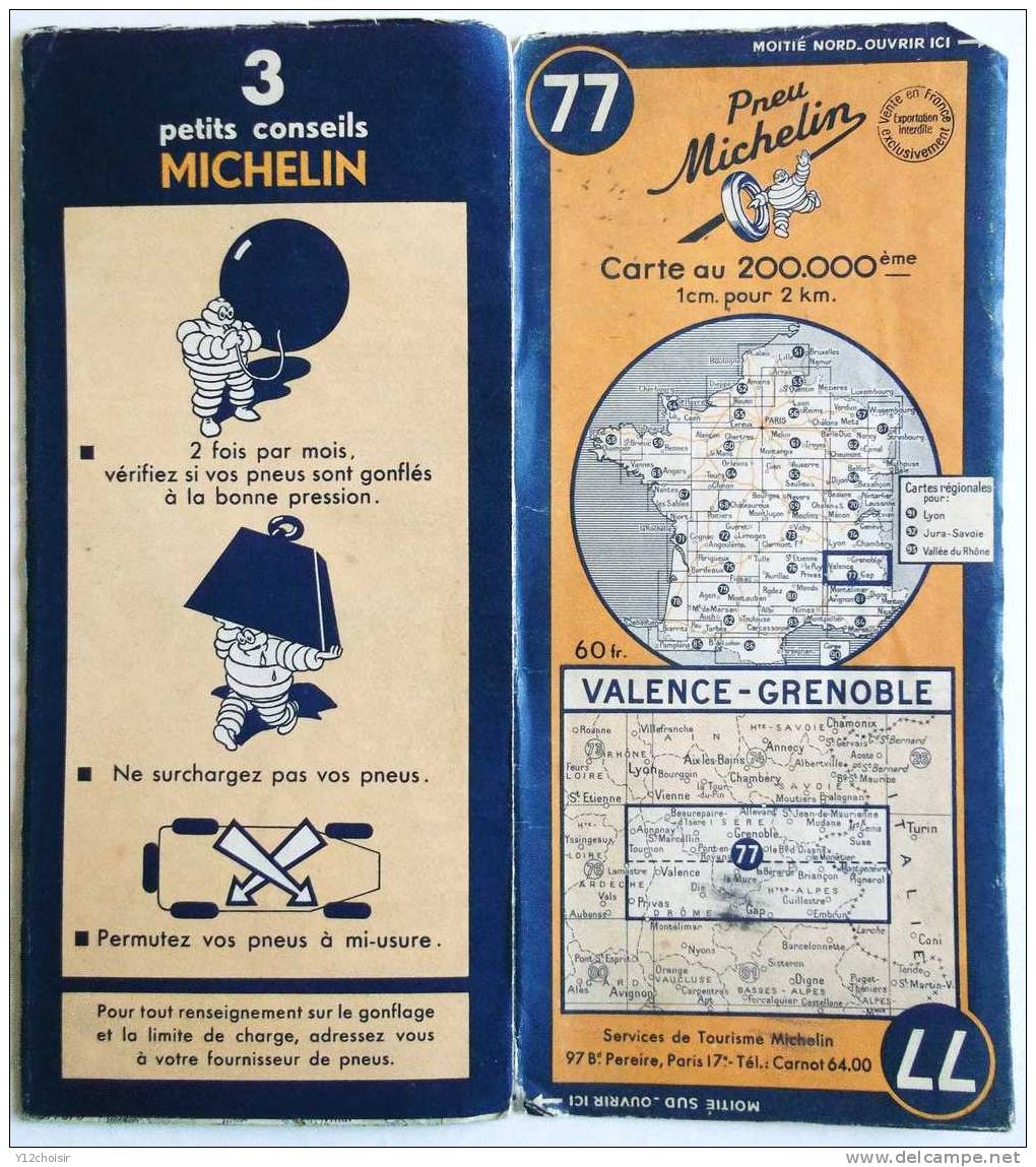 CARTE ROUTIERE1949 MICHELIN VALENCE GRENOBLE PRIVAS  GAP EMBRUN PIGNEROL ALLEVARD MODANE ANNONAY TOURNON ISERE BRIANCON - Carte Stradali