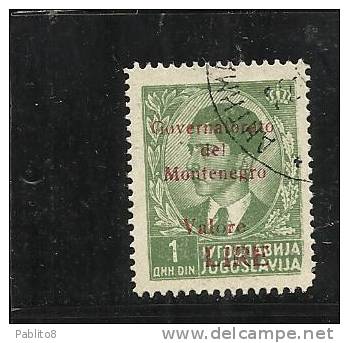 MONTENEGRO 1942 SOPRASTAMPA ROSSA RED OVERPRINTED  VALORE LIRE 1 D USATO USED OBLITERE' - Montenegro