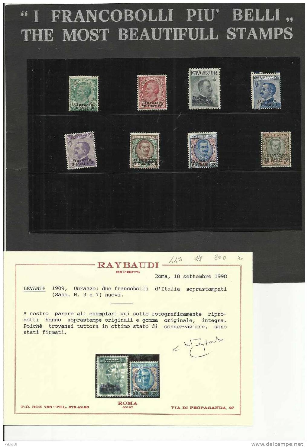 LEVANTE DURAZZO 1909 - 1911 SERIE COMPLETA 8 VALORI MNH CERTIFICATA - Bureaux D'Europe & D'Asie