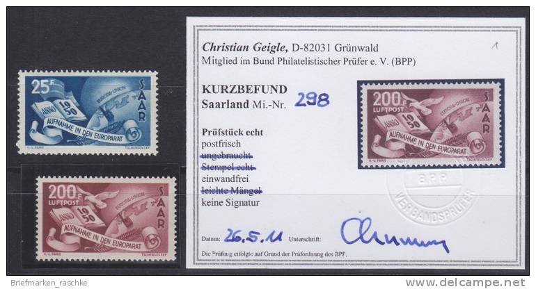 Saar,297-98,xx,298 Befund Geigle BPP - Unused Stamps