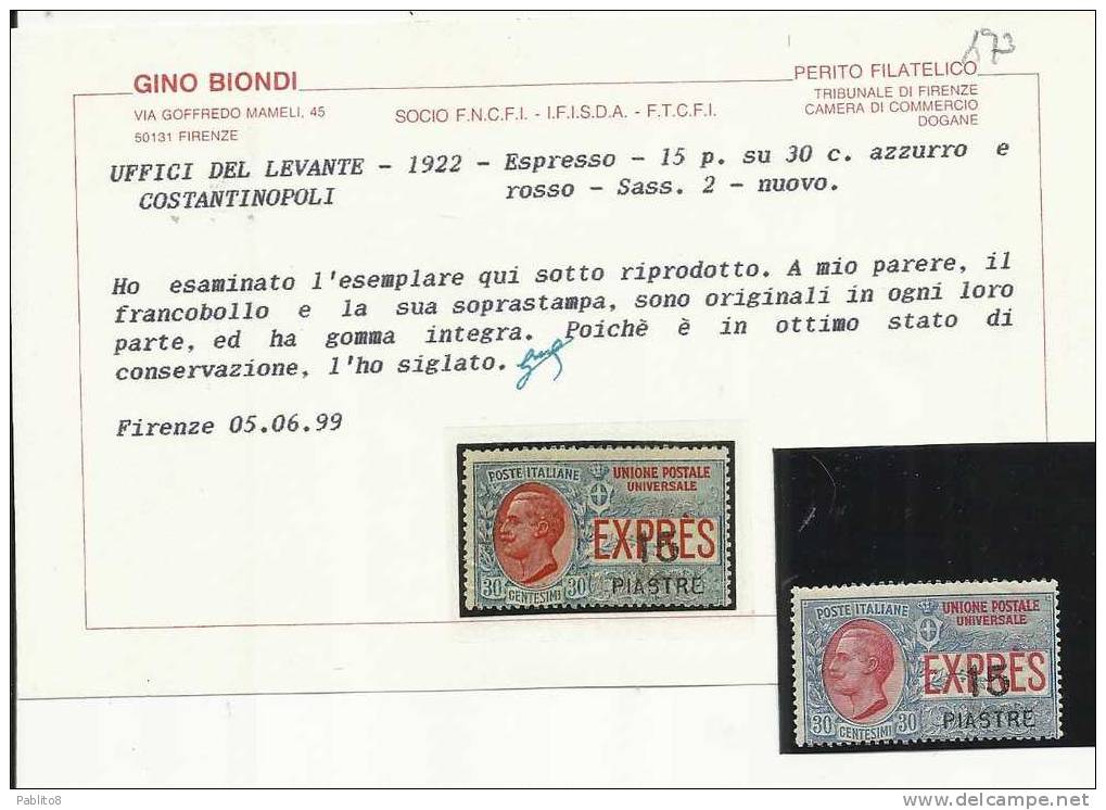 LEVANTE COSTANTINOPOLI 1922 ESPRESSO SPECIAL DELIVERY 15 PI SU CENT. 30 C MNH CERTIFICATO - European And Asian Offices