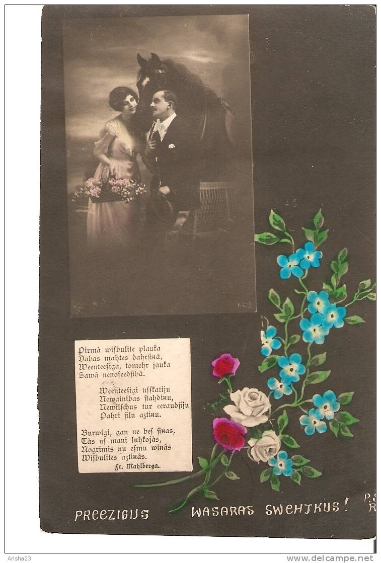 Latvia Summer Holidays Pentecost  - Old Tinted Photo Postcard - Couple Woman & Man Horse Roses - Pentecost