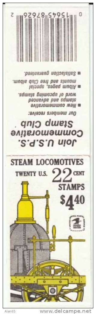 BK163, Complete Booklet Sc# 2362-2366, Steam Locomotives, Railroad Train Topic, 22-cent Stamps Booklet Of 20 - 1981-...